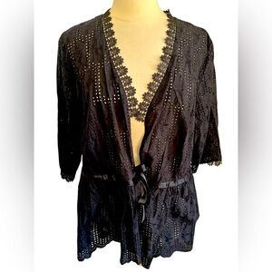 Project/D Black Blouse w/embroidered design,ribbon tie waist & lace trim Size 18